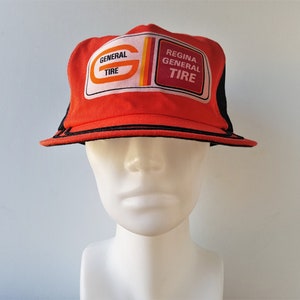 Vintage 1970s 80s GENERAL TIRE Regina Trucker Hat K-Brand Canada Snapback Orange Black Mesh Baseball Cap - Saskatchewan Farm Automotive Hat