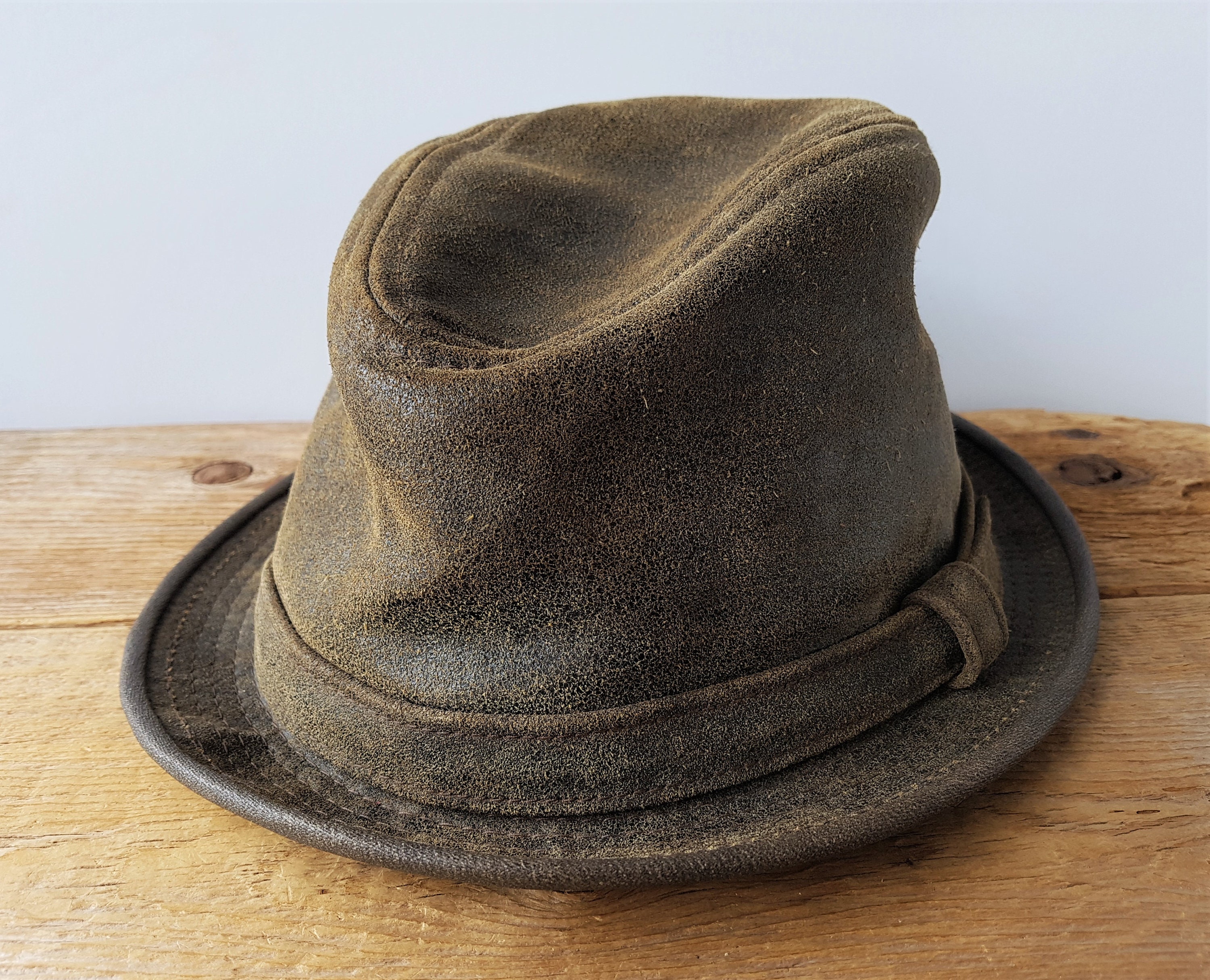 Karma Accessories Eureka Leather Fedora Hat in Olive or Distress Brown  S-XXL