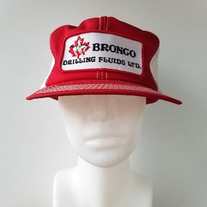 Vintage 80s BRONCO Drilling Fluids Ltd. Trucker Hat - K-Brand Canada White Mesh Stitched Red Snapback Baseball Cap - Oil & Gas Patch Ballcap