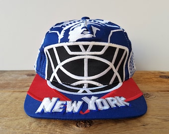 Rare Vintage 90s 'The MASK' Big Logo Hat by GREG HARRISON - New York Rangers Goalie Mike Richter - Strapback Hockey NhL Collector Sports Cap