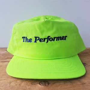 Vintage 90s THE PERFORMER Bright Neon Snapback Hat Yellowish Green Colored Adjustable Baseball Cap OSFA Embroidered Spell Out Script Ballcap