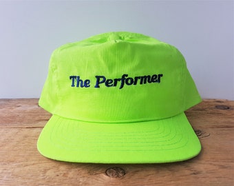 Vintage 90s THE PERFORMER Bright Neon Snapback Hat Yellowish Green Colored Adjustable Baseball Cap OSFA Embroidered Spell Out Script Ballcap