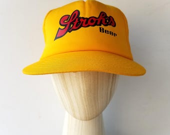 Vintage 80s STROH'S Beer Trucker Hat - Yellow Mesh Snapback Promotional Baseball Cap - Old School Throwback Brewery Ballcap - Made in Korea