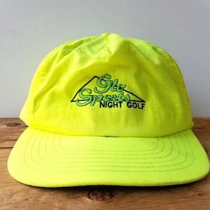 Vintage 90s GLO SPORTS Night Golf Yellow Green Neon Snapback Hat - Fluorescent Nylon Golfing Glow Logo Embroidered Retro Baseball Cap