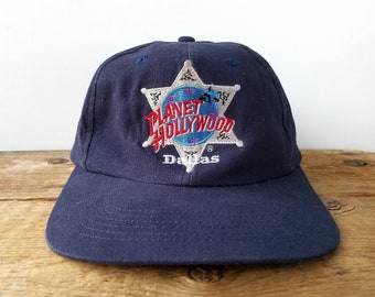Vintage 90s PLANET HOLLYWOOD DALLAS Snapback Hat - Navy Cotton Souvenir Licensed Baseball Cap - Sheriff Star Embroidered Adjustable Ballcap