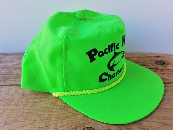 Vintage 90s Pacific West Charters Green Neon Snapback Hat - Fishing Tours Defunct Promo Cap - Rope Lined Headline Headwear Nylon Ballcap