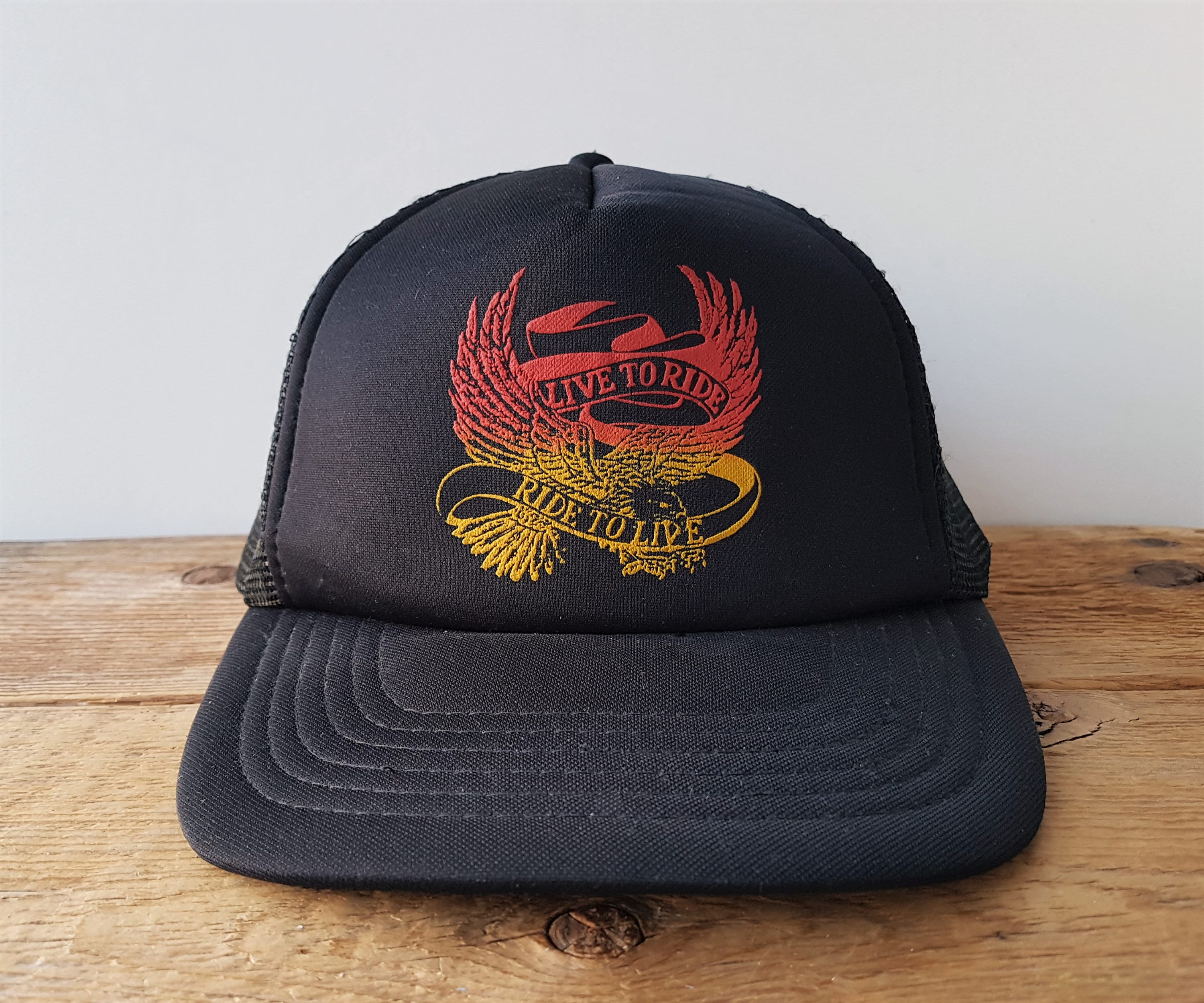 Vintage 80s LIVE To RIDE - RIDE To LiVE Trucker Hat Eagle Black 