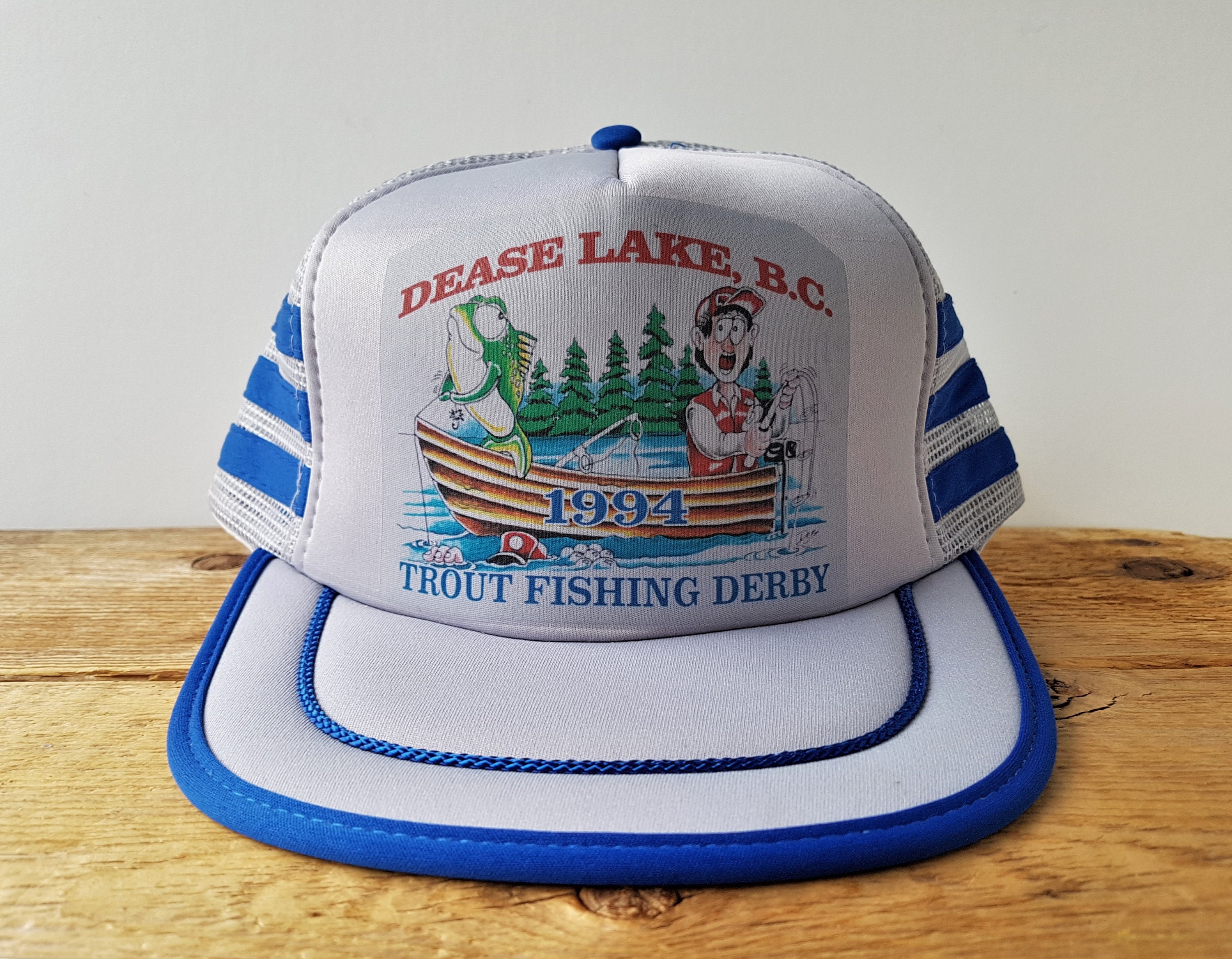 Vintage 90s DEASE LAKE B.C. 1994 Trout Fishing Derby Trucker Hat 3 Stripe  Snapback Fisherman Funny Graphic Baseball Cap Headline Headwear 