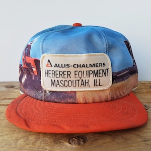 Vintage 1978 ALLiS-CHALMERS Tractor Scene Trucker Hat Made in USA Louisville Snapback - Heberer Equipment Mascoutah ILL Patch Farming Cap