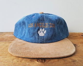 Vintage 90s LOS ANGELES ZOO Denim Suede Strapback Dad Hat - Paw Print Embroidered Baseball Cap - Unstructured 2 Tone Att Headwear Ballcap