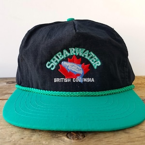Vintage 1990s SHEARWATER BC Wild Salmon Adventures Snapback Hat - Rope Lined Nylon Baseball Cap - 2 Tone Ballcap - British Columbia Fishing