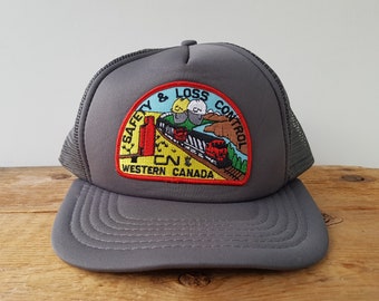 Vintage 80s CN RAIL Safety & Loss Control Trucker Hat - Western Canada Division Patch Mesh Snapback Baseball Cap - Canadian National Railway