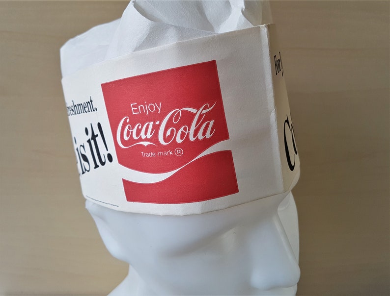 Vintage 80s Soda Fountain Jerk Paper Hat Coca Cola 1982 Classy Cap Uniform Advertising Made in USA Lin-N-Look Adjustable Size COKE is it