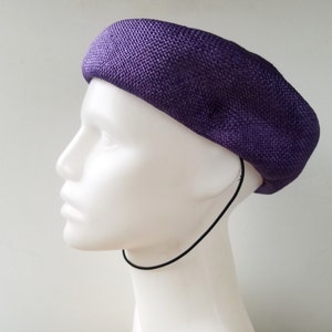 Vintage 1960s MR. CHARLES Purple Straw Ladies Pillbox Hat - Made in USA - Asymmetrical Round Shaped Womens Church Cocktail Head Piece 52 cm