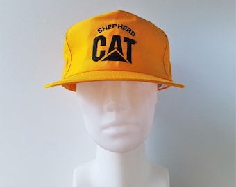 Vintage CAT Shepherd Machinery Snapback Hat Made in USA Louisville Mfg. Co Caterpillar Licensed Wear Yellow Fullback Tractor Baseball Cap