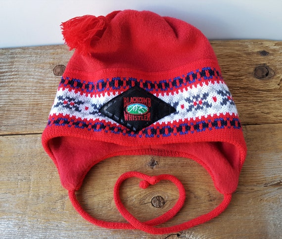 Vintage 90s BLACKCOMB WHISTLER MOUNTAIN Ski Resort Winter Hat Wool \u0026 Fleece Beaine Toque Pom Made in Canada Snowflake Pattern