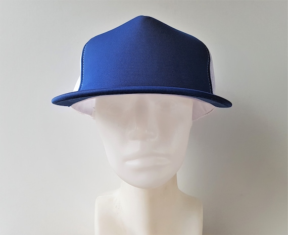 Vintage 80s Blank Blue Polyester White Mesh Trucker Hat  display picture 1