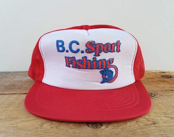 Vintage 80s B.C. SPORT FISHING Trucker Hat Red Mesh Snapback Fly-in Salmon  Fisherman Souvenir Baseball Cap Rubberized Print Original Ballcap 