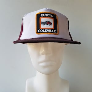 Vintage 80s FANCYS COLEVILLE Trucker Hat Burgundy Mesh Snapback Cap Sand and Gravel Transport Oilfield Company Saskatchewan Ballcap Yupoong