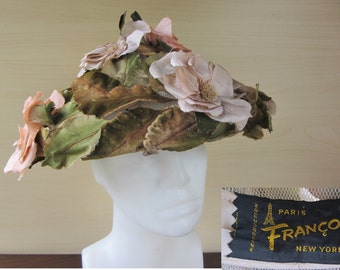 Vintage 40s Reproduction FRANCOIS Paris New York Millinery Autumn Flowers & Velvet Leaves Hat Mushroom Style Floral Church Headpiece