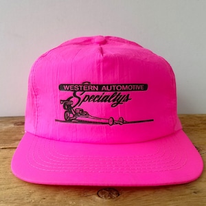 Vintage 90s WESTERN AUTOMOTIVE SPECIALTYS Pink Neon Snapback Hat - Drag Racing Promo Nylon Fluorescent Baseball Cap - Retro Comda Ballcap