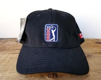 Vintage 90s PGA TOUR Merkley Headgear Classic Cotton Golf Leather Strapback Hat - Canadian Golfing Dad Cap -Made in Canada Authentic Ballcap