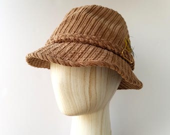 Vintage Sears Corduroy Fedora Hat / Tan Mid-Century Soft Brim Hat / 1960s–70s Casual Fedora / Feather Accent / Unisex