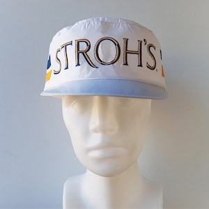 Vintage 80s STROH&#39;S BEER Painter Hat Made in USA Adcap Line Deadstock Blue Yellow Stripes Brewery Alcohol Promotional Retro Pillbox Cap