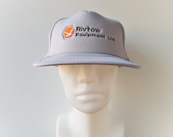 Vintage 80s RIVTOW Equipment Ltd. Trucker Hat Gray Mesh Snapback Original Promo Embroidered Baseball Cap Marine Industrial Retro Ballcap
