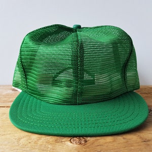Vintage 80s Full Mesh Green Trucker Hat - Blank, Deadstock Made in USA by Semco - Snapback Farmer Baseball Cap - 1970s 1980s NoS Ballcap