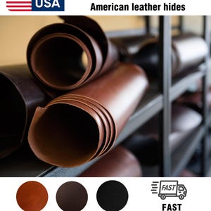 May include: Rolled brown leather hides, handcrafted in the USA. The image shows rolls of leather in various shades, including whiskey, grizzly, and black. The text reads "Handcrafted using the finest American leather hides."