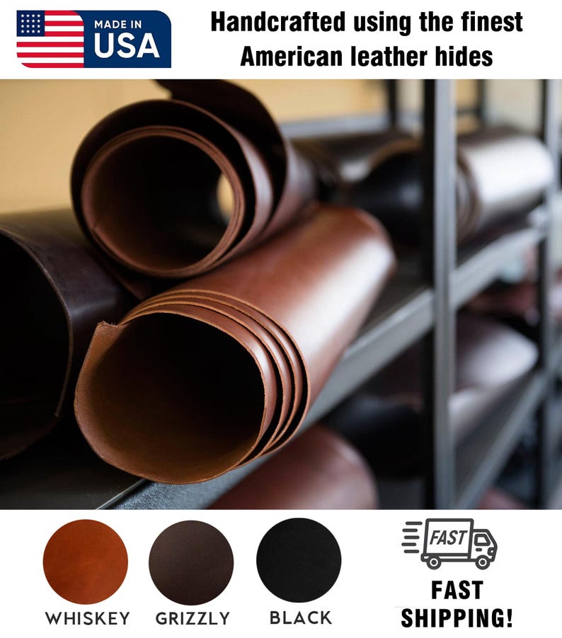 May include: Rolled brown leather hides, handcrafted in the USA. The image shows rolls of leather in various shades, including whiskey, grizzly, and black. The text reads "Handcrafted using the finest American leather hides."