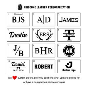 May include: A graphic featuring various personalized leather designs. The designs include initials, names, and a custom logo, all in black against a white background. The text "PINECONE LEATHER PERSONALIZATION" is at the top. The image also includes the text "custom orders, so if you don't find what you are looking for, or have a custom idea please convo us."