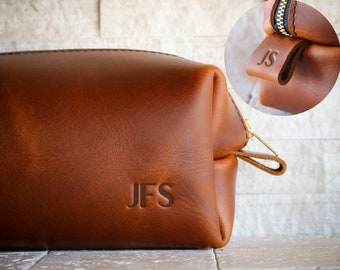 SHIPS NEXT DAY - X.L Personalized Leather Dopp Kit Third Anniversary Gifts For Men Leather Toiletry Bag Birthday Gift For Dad Groomsmen Gift