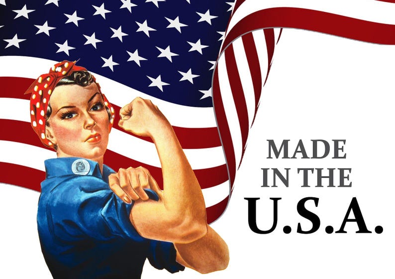 May include: Illustration of Rosie the Riveter flexing her bicep, with the American flag in the background. She wears a blue shirt and a red and white polka dot bandana. The text "MADE IN THE U.S.A." is displayed.