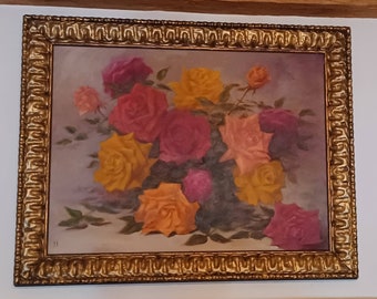 Vintage Antique Roses Victorian Hollywood Regency Oil Painting Wood Frame 60"x 40" Canvas Signed