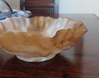 Vintage Imperial Caramel Slag Glass Footed Bowl Ruffled Edges Open Rose Design 8.25" Diameter