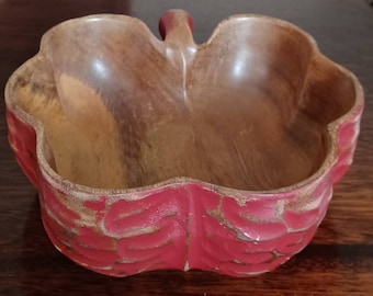 Vintage SOLID WOOD Apple Shaped Fruit Bowl Distressed Red