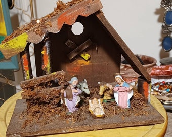 VTG Nativity Scene Wooden Manger Baby Jesus Made in Italy