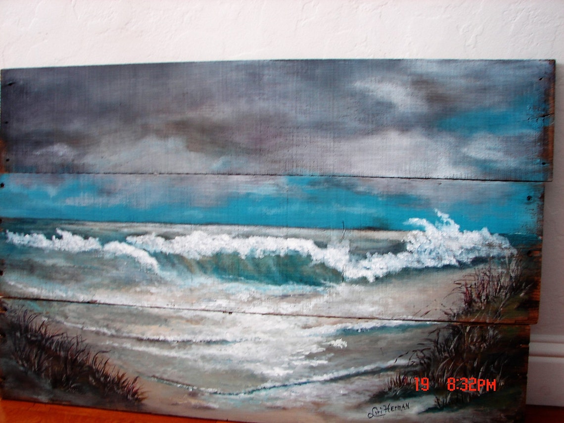 Reclaimed Wood Wall Art Seascape Ocean Beach Painting Made to Etsy