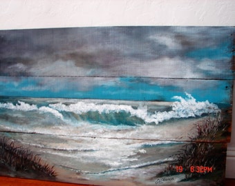 Reclaimed Wood Wall Art seascape ocean beach Painting Made to Order Original Hand Painted