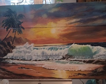 Original Hand Painted Ocean Sunset Seascape Beach Wall Art on Old Wood Large 24"x 40"