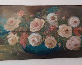 Victorian Roses Painting on Reclaimed Wood, Moody Floral Art