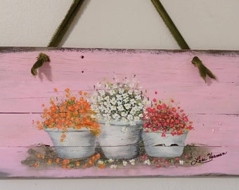 Original Floral Painting on Old Wood Wallhanging Pink with Olive Green Velvet Ribbon Hanger.