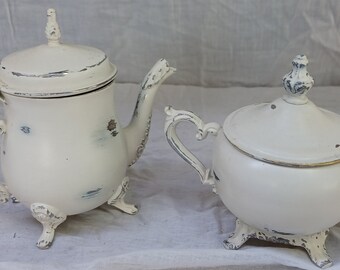 Vintage Victorian Shabby Chic Silverplate Sugar and Creamer Upcycled White