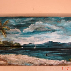Arte della parete in legno di recupero Oceano tropicale Spiaggia marina Palm Trees Turquoise Coastal Cottage Wall Decor MADE TO ORDER