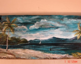 Reclaimed Wood Wall Art Tropical ocean Beach seascape Palm Trees Turquoise Coastal Cottage Wall Decor MADE TO ORDER