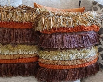 Decorative Boho Fringed & Leather 18" Sq. Throw Pillow Covers NO inserts