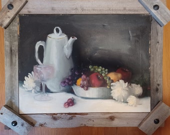 Vintage Old Still Life OIL Painting Homemade Rustic Primitive Frame