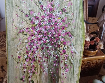 Original Hand Painted Pink and Green Floral on Wood